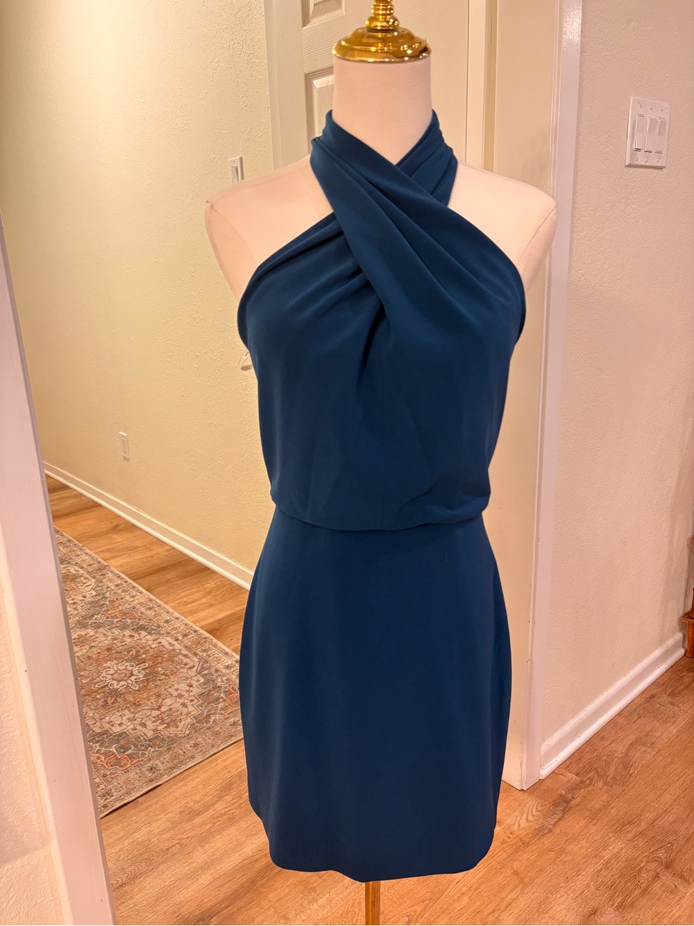 Halston Heritage Twisted Halter Mini Dress in Teal Blue